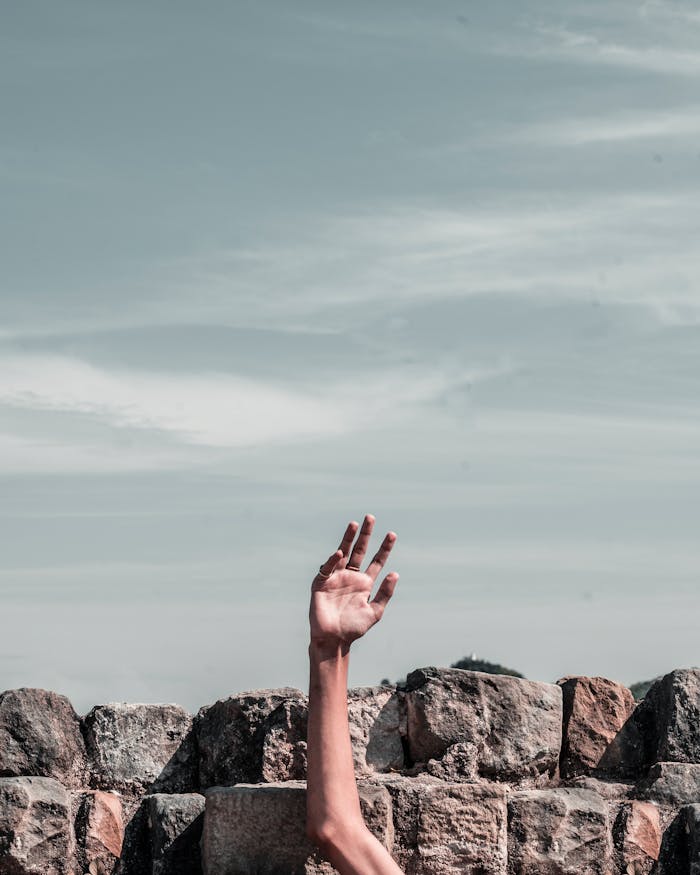 Home A single hand extends over a rocky wall against a clear sky, symbolizing exploration and freedom.